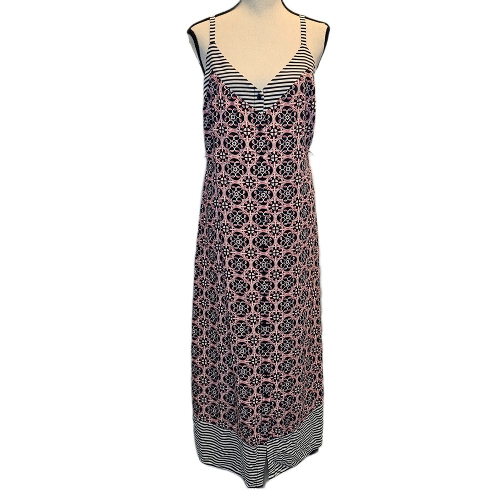 Crown & Ivy 12 Navy Pink Geometric Stripe‎ Sleeveless Rayon Maxi Dress